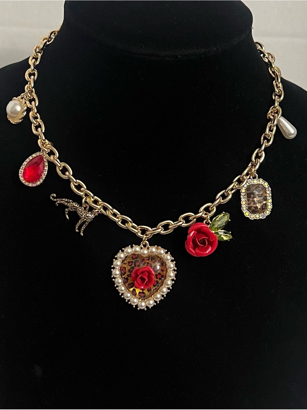 Betsey Johnson Gold-Tone Charm Necklace with Red Rose and Pearl Heart